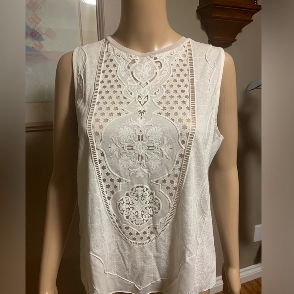 Zara Women's Sleeveless White Top with Embroidered Lace Inset Panel Size Medium